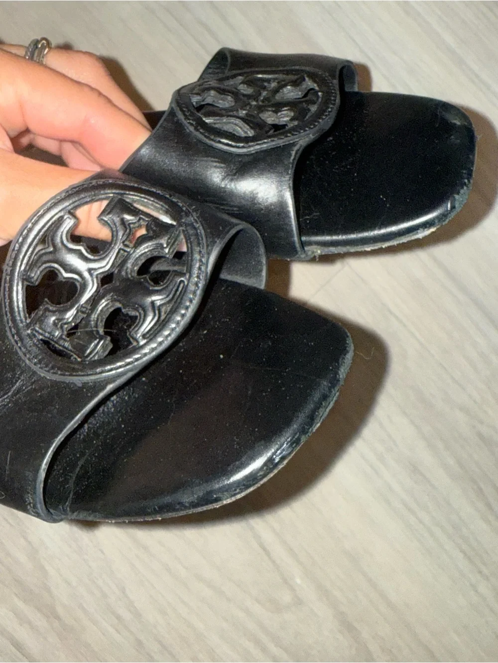 Tory Burch Black Leather Logo Slide Sandals